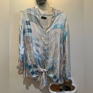 Biya faded plaid silk spring button-up top, blue and white, L